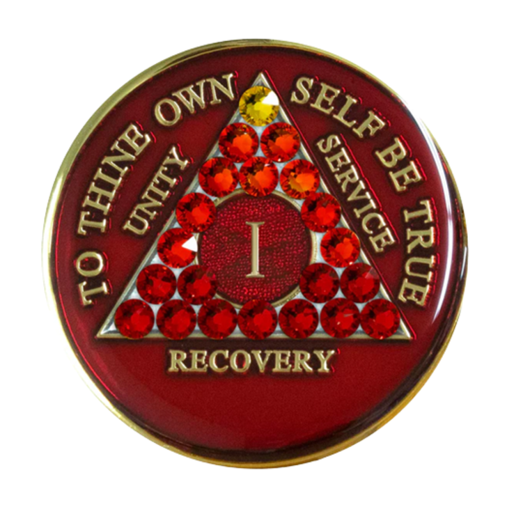 Alcoholics Anonymous (AA) Anniversary Coin – Red Crystal Transition Sobriety Medallion