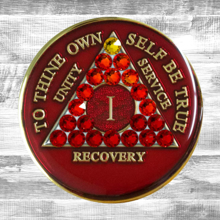 Alcoholics Anonymous (AA) Anniversary Coin – Red Crystal Transition Sobriety Medallion Gift