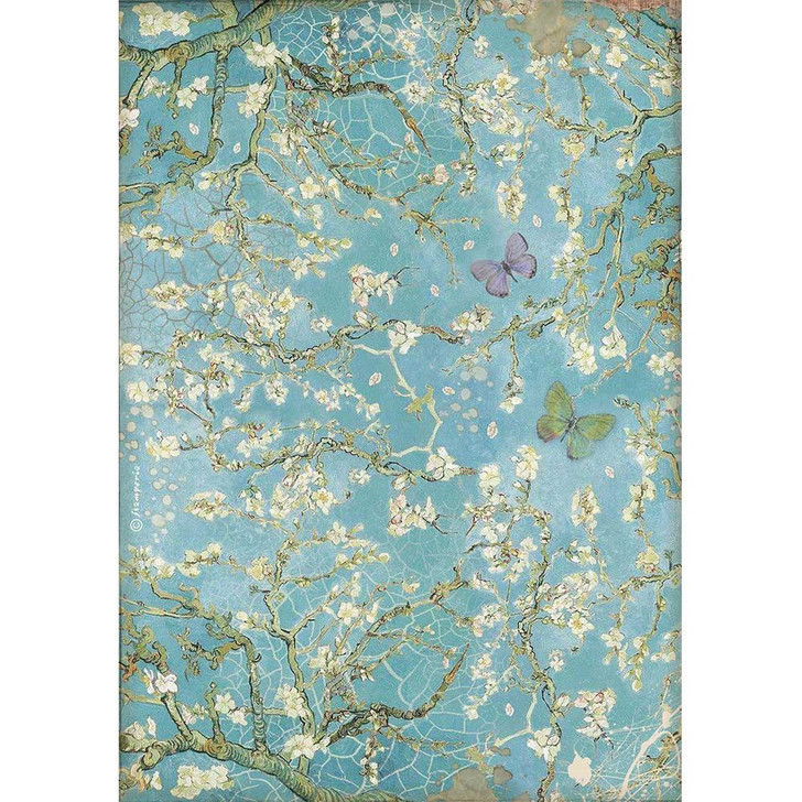 Stamperia Rice Paper Sheet A4 6/Pkg | Blossom Blue Background W/Butterfly, Ate