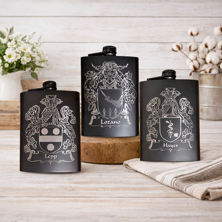 Personalized Family Crest Coat of Arms Laser Engraved Flask