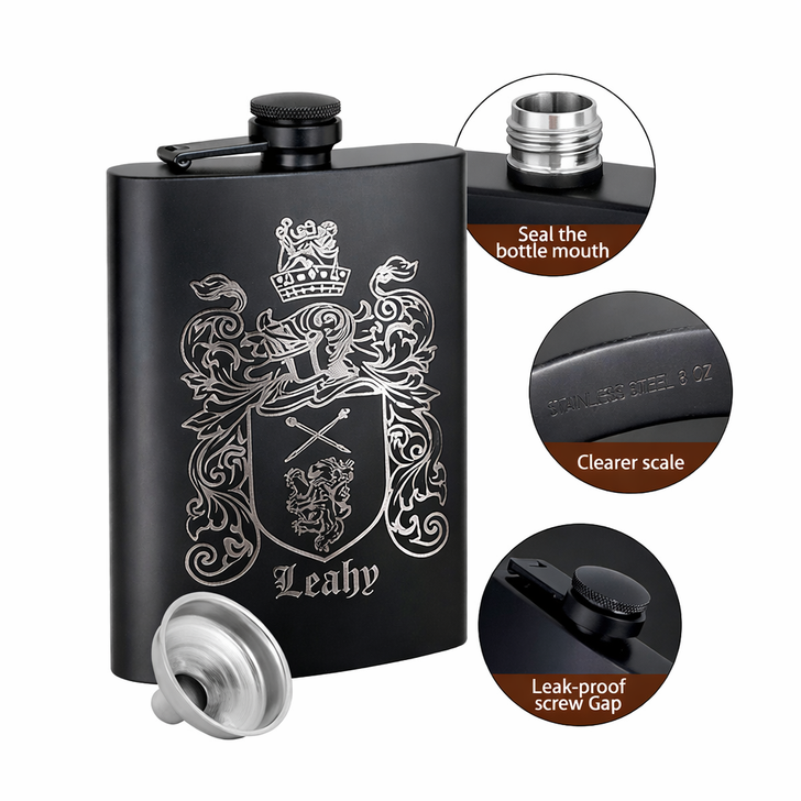Personalized Family Crest Coat of Arms Laser Engraved Flask