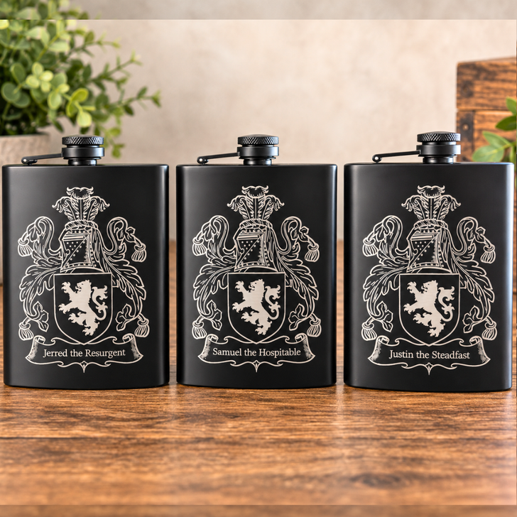 Personalized Family Crest Coat of Arms Laser Engraved Flask