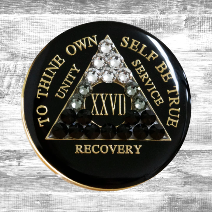 Alcoholics Anonymous (AA) Anniversary Coin – Black Crystal Transition Sobriety Medallion Gift