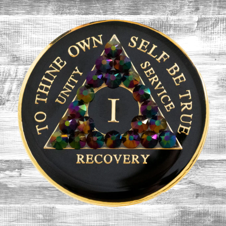 Alcoholics Anonymous (AA) Anniversary Coin – Black Peacock Crystal Sobriety Medallion Gift