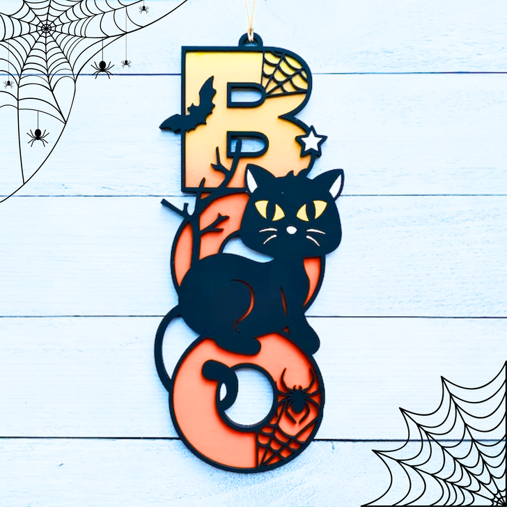 BOO Black Cat Halloween Sign - Halloween Wall Art