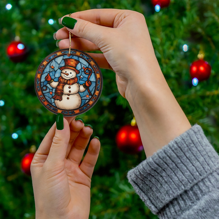 Stained Glass Snowman Ceramic Ornament