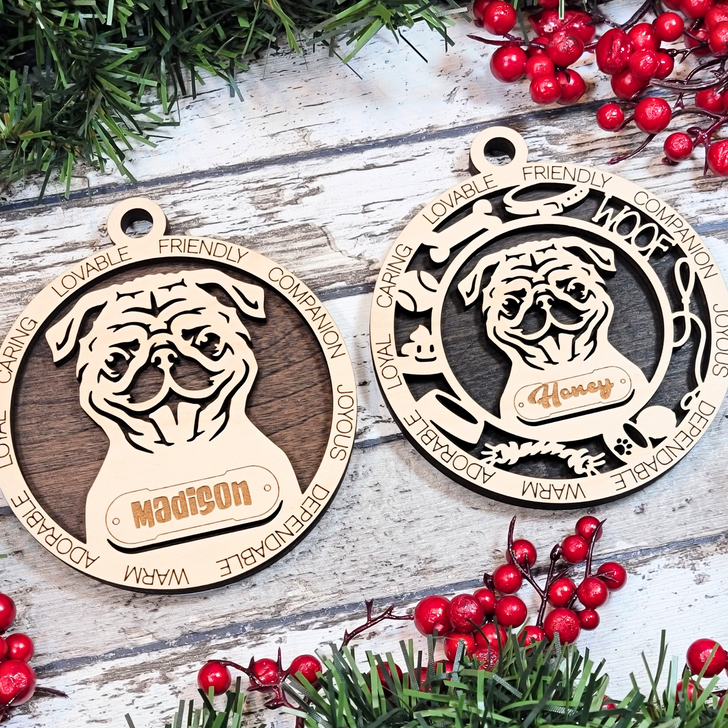 Personalized Laser Engraved Dog Ornament | Pug