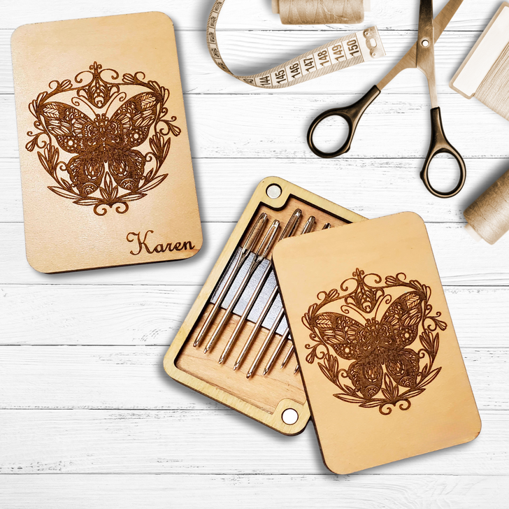 Needle Minder Personalized Wooden Case | Ornate Butterfly