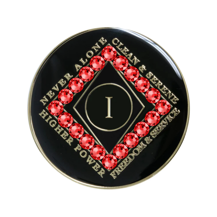 Narcotics Anonymous (NA) Clean Time Coin – Black Siam Red Crystal Sobriety Medallion
