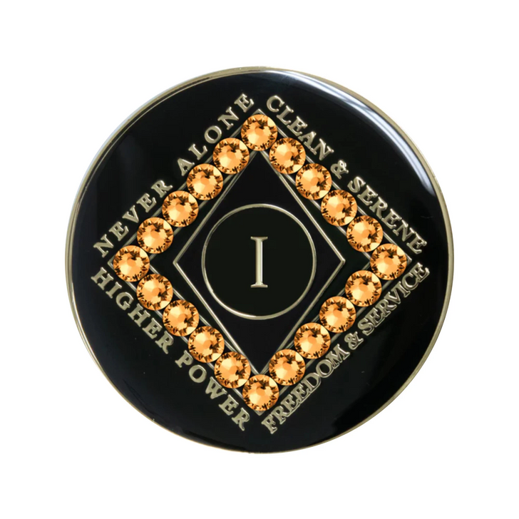 Narcotics Anonymous (NA) Clean Time Coin – Black Colorado Topaz Gold Crystal Sobriety Medallion