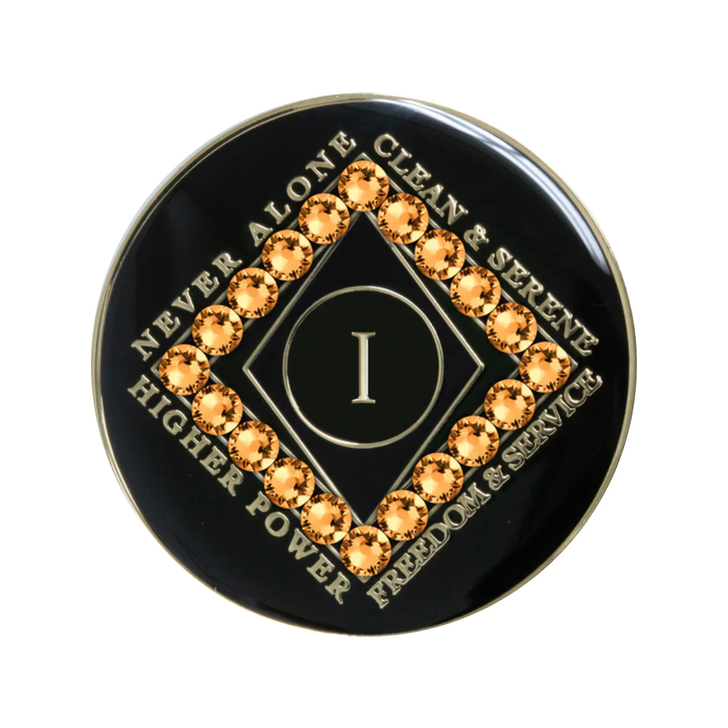 Narcotics Anonymous Clean Time Black Colorado Topaz Gold Crystal Anniversary Coin