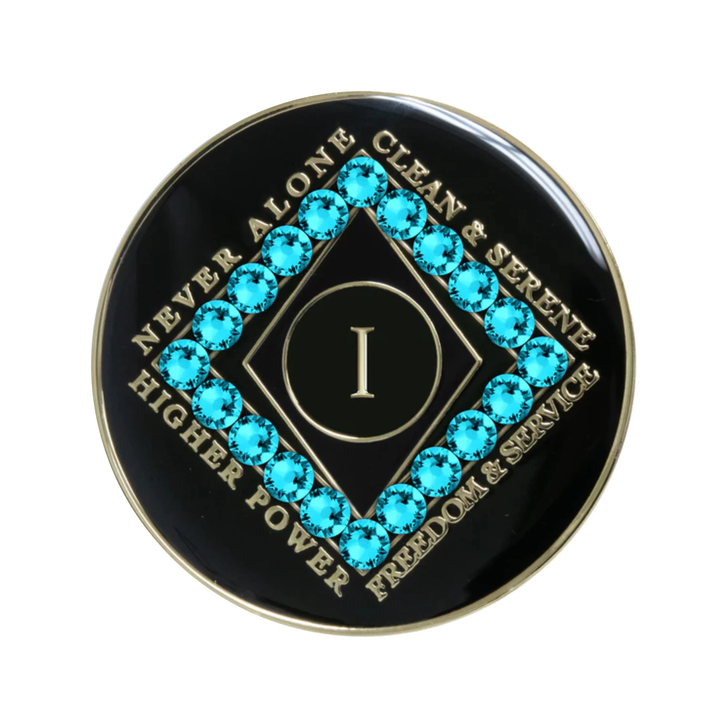 Narcotics Anonymous Clean Time Black Zircon Crystal Anniversary Coin