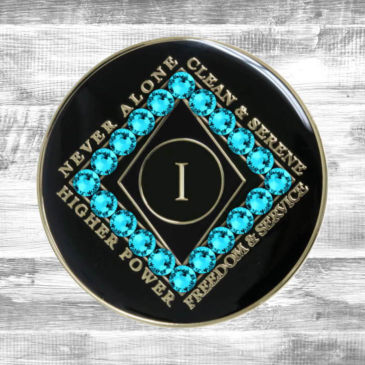 Narcotics Anonymous Clean Time Black Zircon Crystal Anniversary Coin