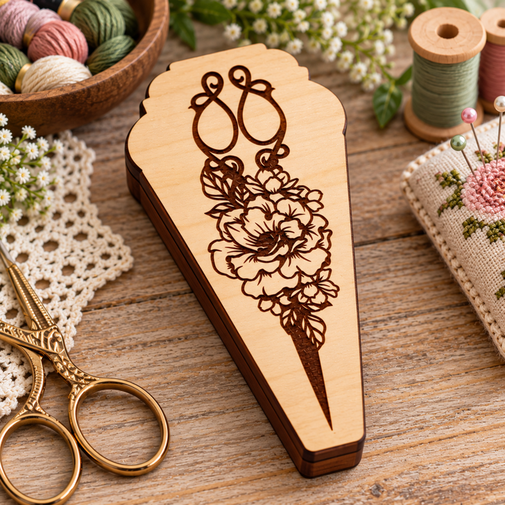 Wooden Embroidery Scissor Case - Handmade Sewing Scissors Storage Box