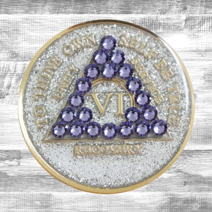 AA Glitter Silver Crystal Tanzanite Sobriety Anniversary Coin