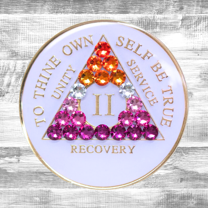 Alcoholics Anonymous (AA) Anniversary Coin – “LGBTQ” White Lesbian Flag Crystal Sobriety Medallion Gift