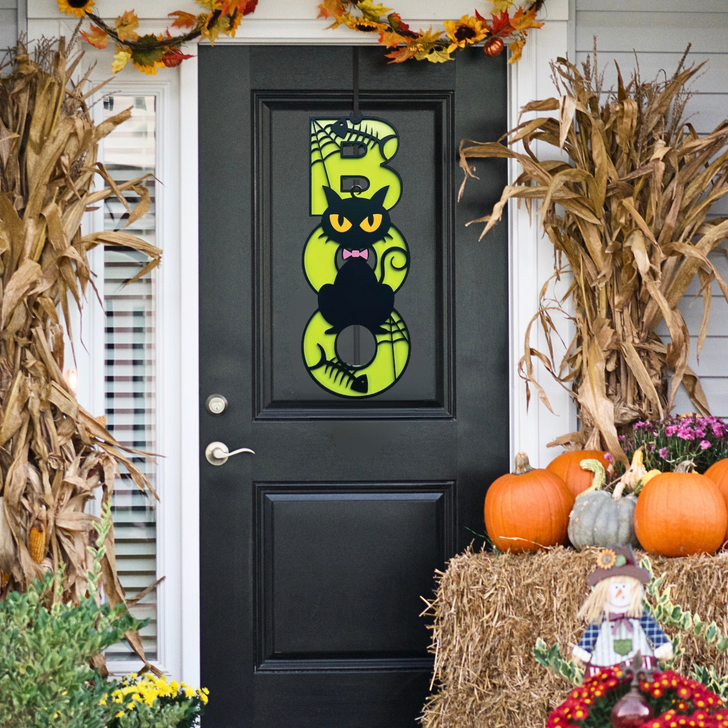 BOO Scary Black Cat Halloween Sign - Halloween Wall Decor