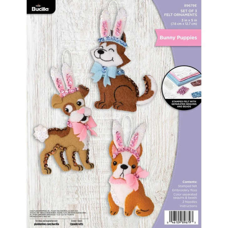 Bucilla Bunny Puppies Felt Applique Ornaments Kit 3/Pkg