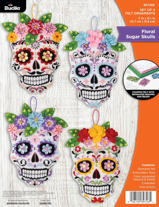 Bucilla Felt Applique Ornaments Kit 4/Pkg | Floral Sugar Skulls
