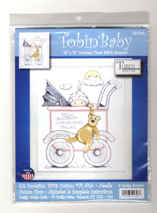 Tobin Baby Baby Buggy Girl Birth Sampler Counted Cross Stitch Kit