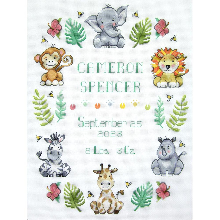 Design Works Counted Cross Stitch Kit | In The Jungle Birth Sampler
