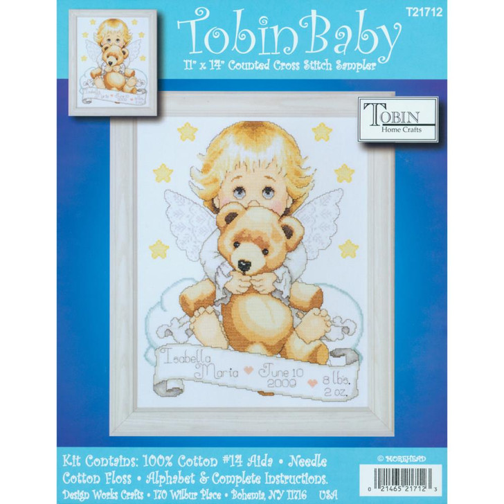 Tobin Baby Angel With Teddy Bear Birth Sampler Counted Cross Stitch Kit