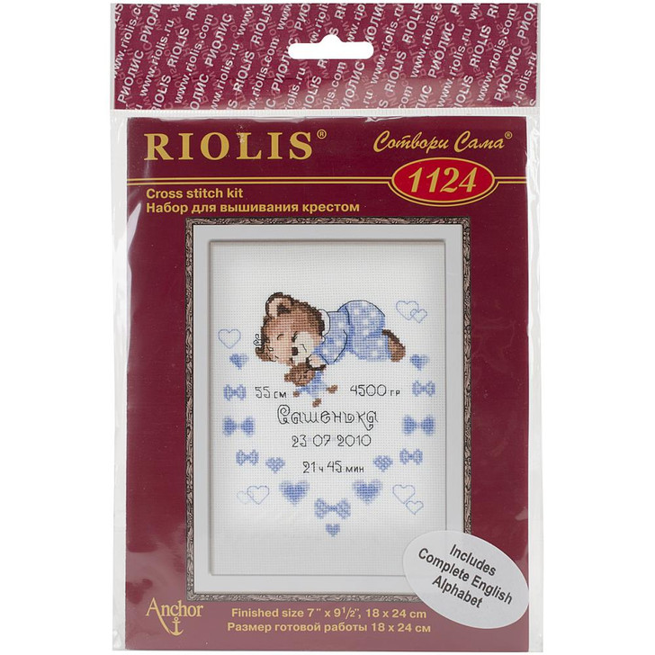RIOLIS Teddy Bear Boy Birth Announcement Counted Cross Stitch Kit
