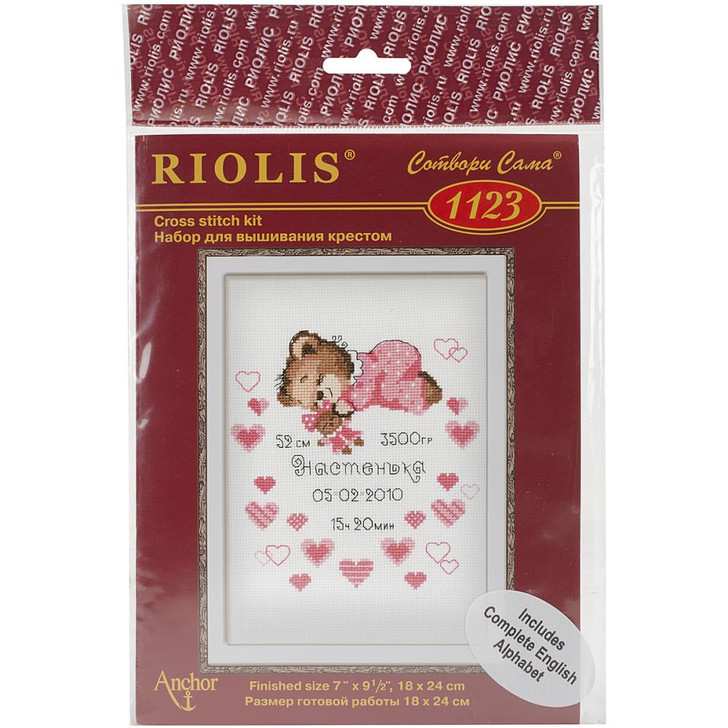 RIOLIS Teddy Bear Girl Birth Announcement Counted Cross Stitch Kit