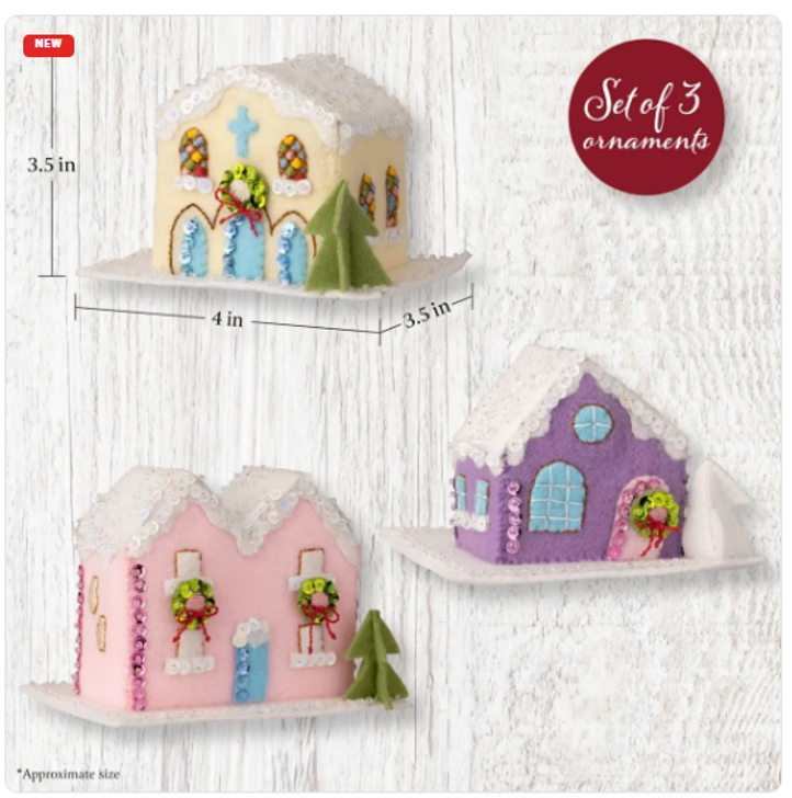 Bucilla Felt Applique Ornaments Kit 3/Pkg | Putz Village 3D