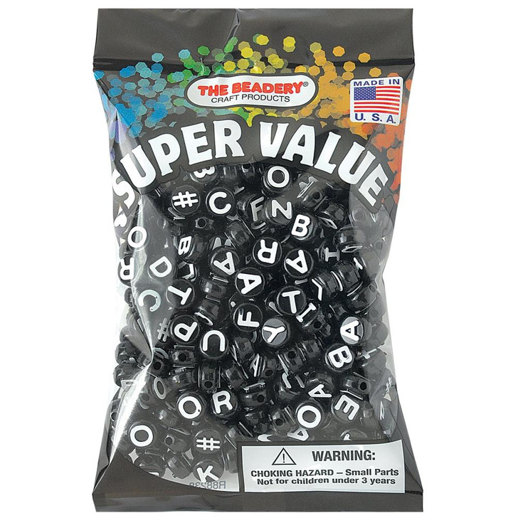 The Beadery Super Value Alphabet Beads 10mm | White on Black