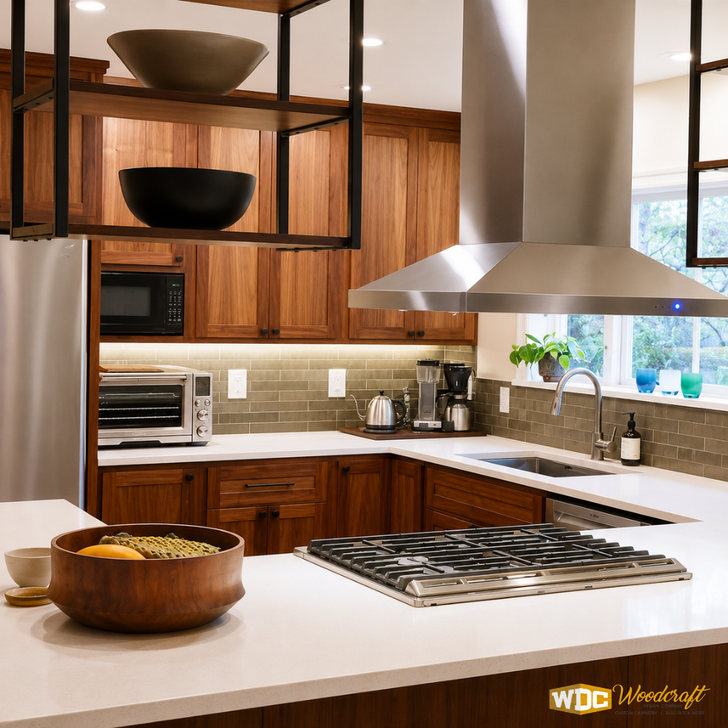 Walnut Kitchen Remodel Modern Design with Floating Metal Shelves