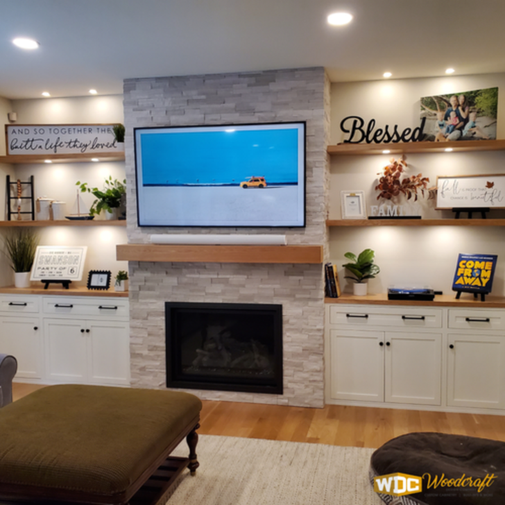 Modern Fireplace Built-Ins with Floating Wood Shelves