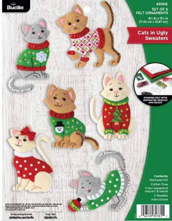 Bucilla Cats In Ugly Sweaters Felt Applique Ornaments Kit 6/Pkg