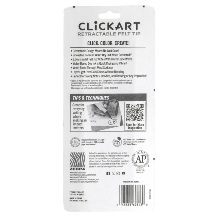Zebra ClickArt Retractable Felt Tip Marker 3/Pkg | Black