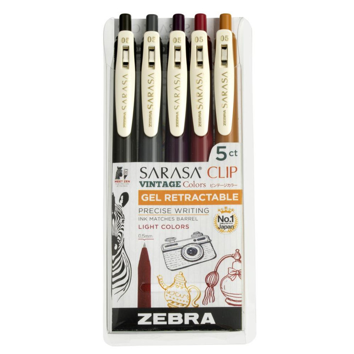 Zebra Light Colors Sarasa Clip Vintage Gel Retractable Pens 5/Pkg