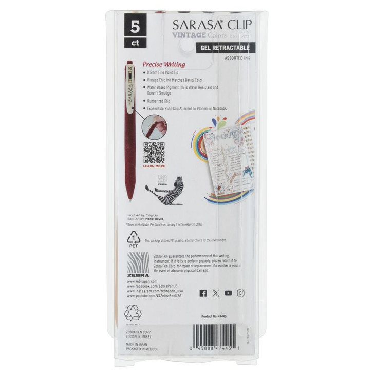 Zebra Light Colors Sarasa Clip Vintage Gel Retractable Pens 5/Pkg