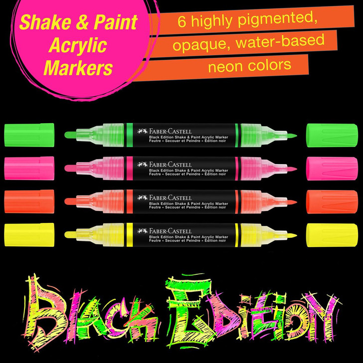 Faber-Castell Black Edition Shake & Paint Neon Colors Acrylic Markers 4/Pkg