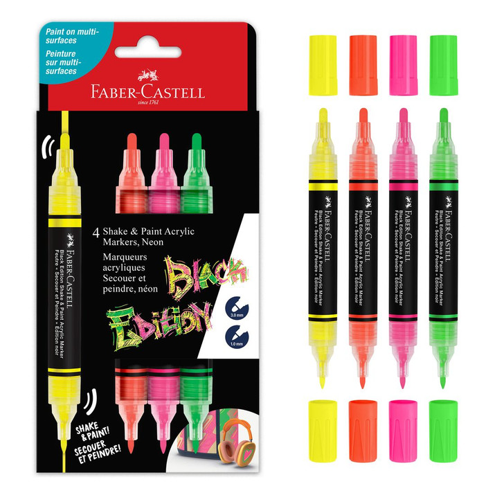 Faber-Castell Black Edition Shake & Paint Neon Colors Acrylic Markers 4/Pkg