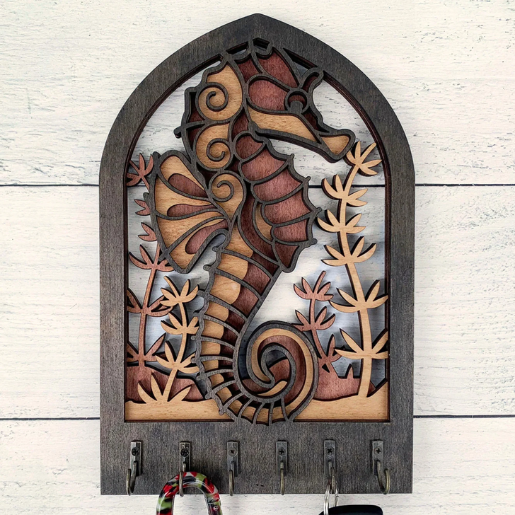 Seahorse Key Holder Wall Plaque – Coastal Beach Wall Decor With Key Hooks