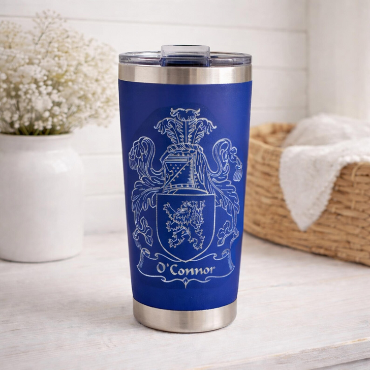 Personalized Family Coat of Arms 20oz Tumbler – Custom Laser Engraved Crest Travel Mug
