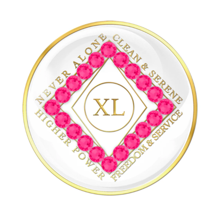 Narcotics Anonymous (NA) Clean Time Coin – White Pink Neon Crystal Sobriety Medallion Gift