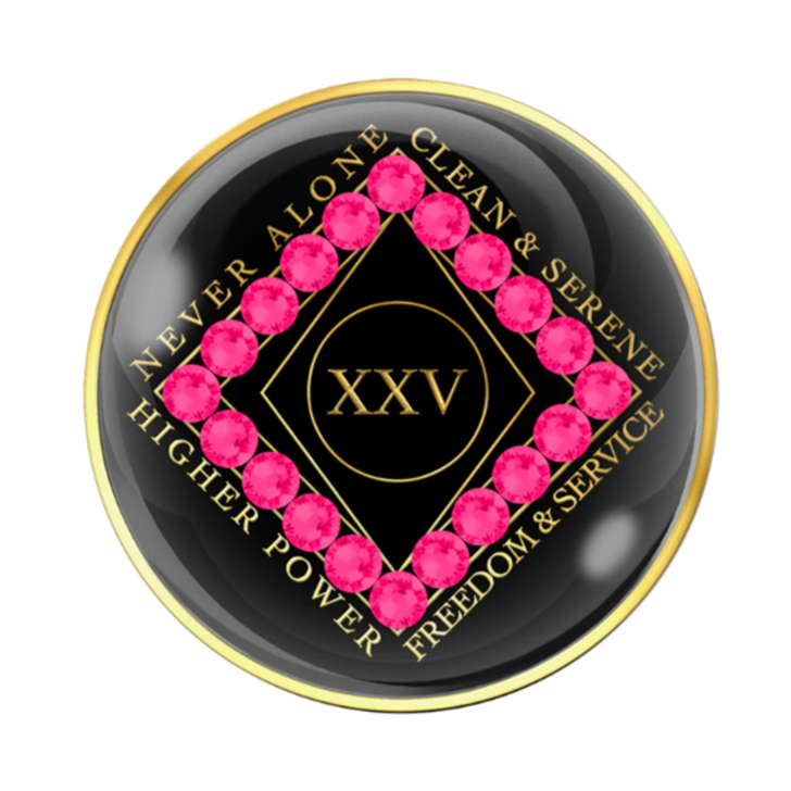Narcotics Anonymous (NA) Clean Time Coin – Black Pink Neon Crystal Sobriety Medallion Gift