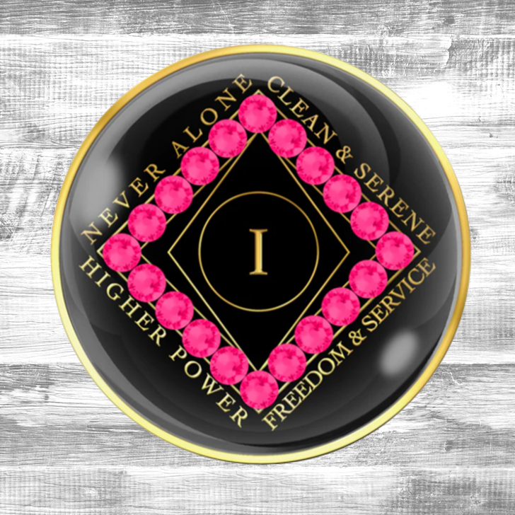 Narcotics Anonymous (NA) Clean Time Coin – Black Pink Neon Crystal Sobriety Medallion Gift