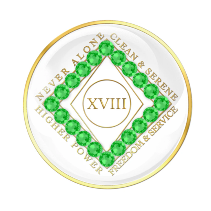 Narcotics Anonymous (NA) Clean Time Coin – White Green Neon Crystal Sobriety Medallion Gift