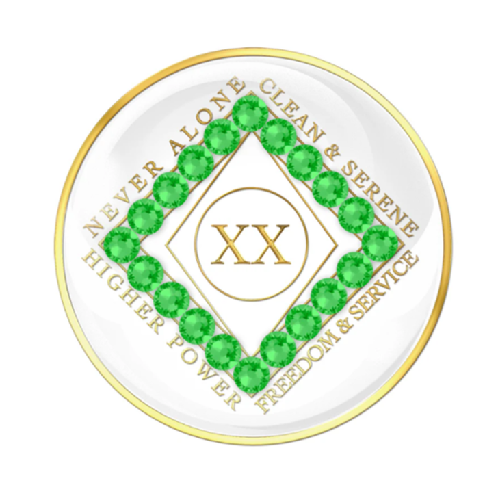 Narcotics Anonymous (NA) Clean Time Coin – White Green Neon Crystal Sobriety Medallion Gift