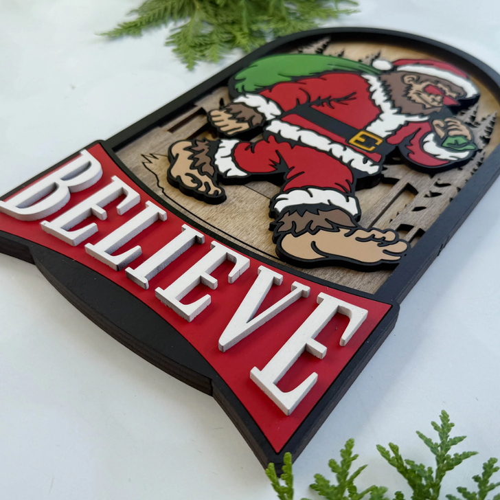 Bigfoot Santa Christmas Wooden Sign - Believe Sasquatch Holiday Decor