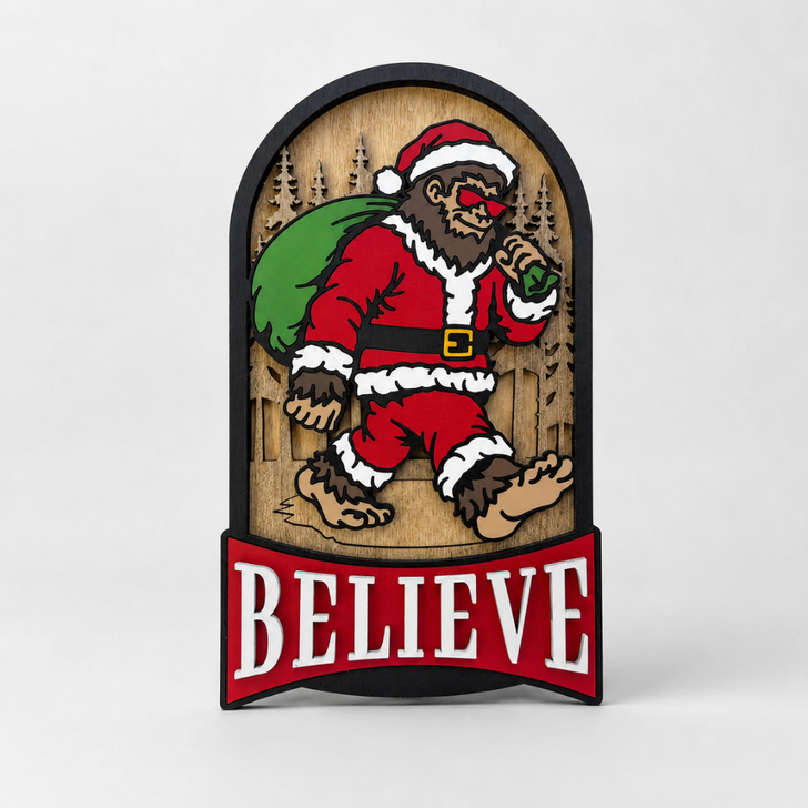 Bigfoot Santa Christmas Wooden Sign - Believe Sasquatch Holiday Decor