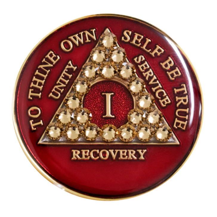 Alcoholics Anonymous (AA) Anniversary Coin – Red Crystal Light Colorado Topaz Sobriety Medallion Gift