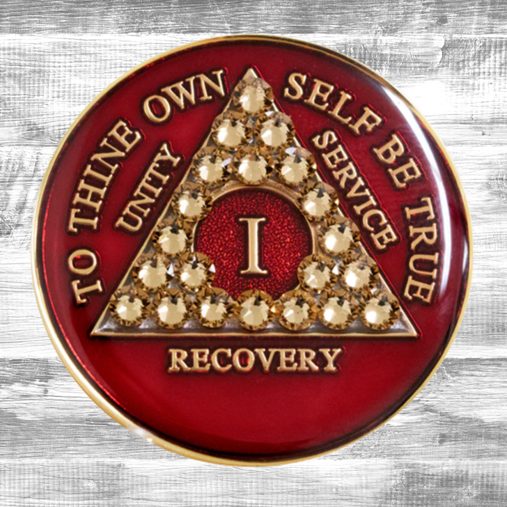 Alcoholics Anonymous (AA) Anniversary Coin – Red Crystal Light Colorado Topaz Sobriety Medallion Gift