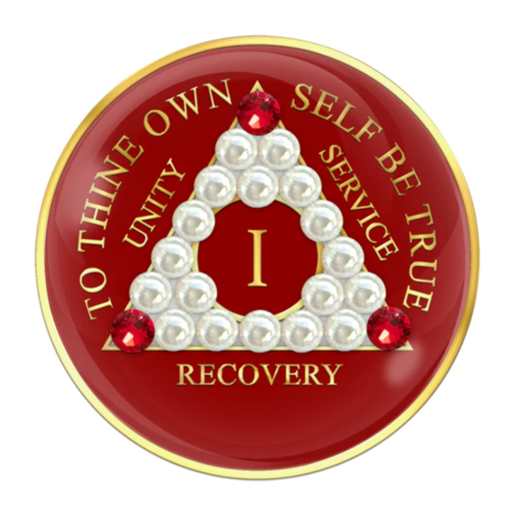 Alcoholics Anonymous (AA) Anniversary Coin – Red CZ Pearl Sobriety Medallion Gift